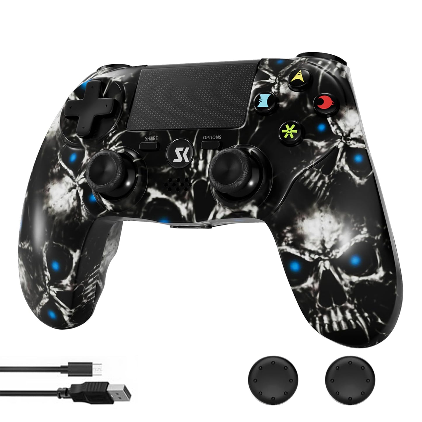 Kujian Wireless Controller for PS4 - Black Skull Style, Double Shock, Headset Jack, Touch Pad, Motion Control, Compatible with PS4/Pro/Slim/PC