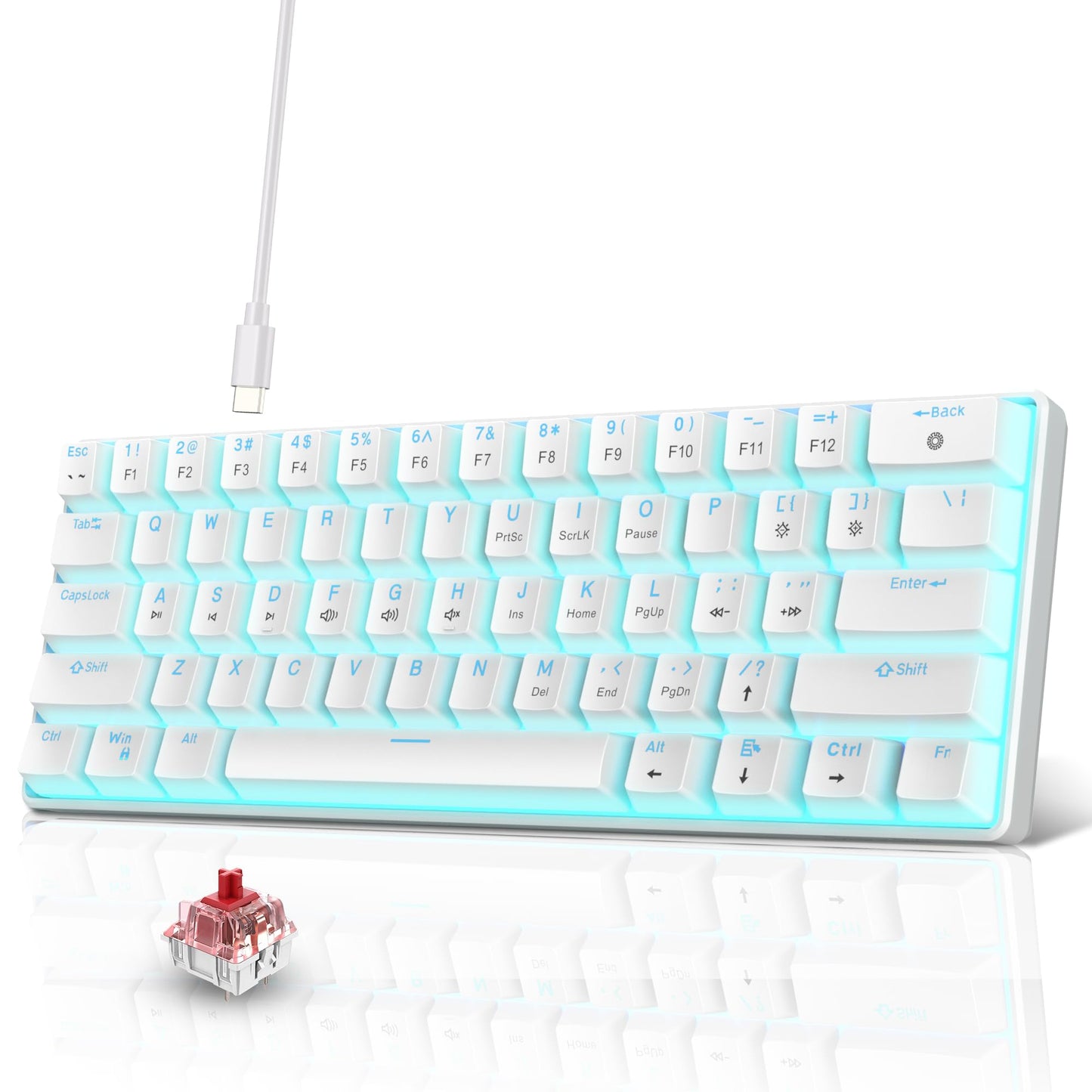 Snpurdiri Portable 60% Mechanical Gaming Keyboard Ice Blue LED Backlit 61 Keys Mini Wired Office Keyboard for Windows Laptop PC Mac (White Red Switches)