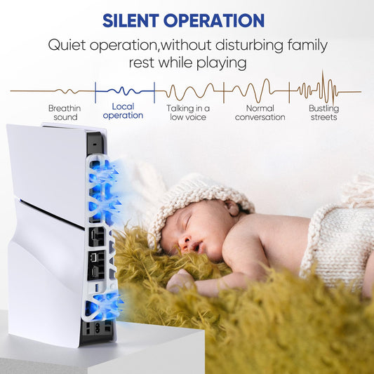 Klipdasse PS5 Slim Cooling Fan - 3 Speed, Silent, Auto On/Off, USB 3.0, LED Light, White, Model P5S6W