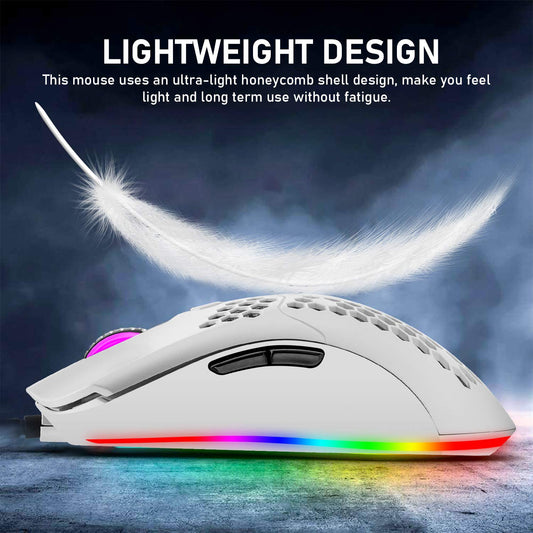 ZIYOU LANG Wired Gaming Mouse, 6 RGB Lights, 6400 DPI, Honeycomb Design, Ultraweave Cable, Lightweight, White