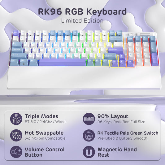RK ROYAL KLUDGE RK96 90% Mechanical Keyboard, Tactile Pale Green Switch, RGB, Wireless BT5.0/2.4G, Taro Milk White, Hot Sw
