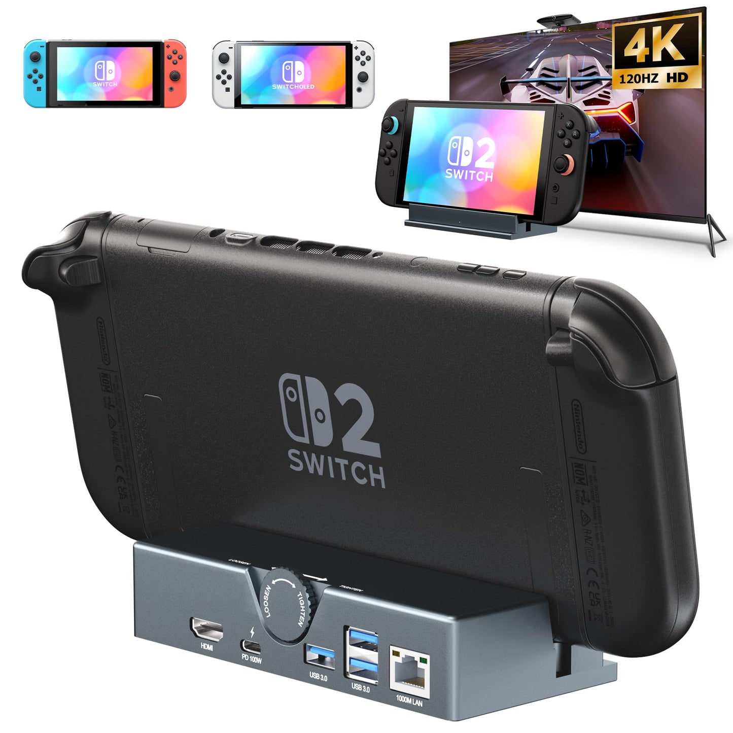 Switch 2 Dock Premium Metal Switch 2 Docking Station with Adjustable Knob Works with Protective Case Supports 4K@120Hz HDMI Output Gigabit Ethernet Compatible with Switch 2 Switch and Switch OLED