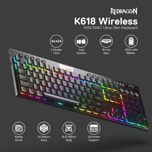 Redragon K618 PRO Wireless RGB Mechanical Keyboard - Low Profile, Aluminum, Red Switch, BT/2.4Ghz, K618 Wireless