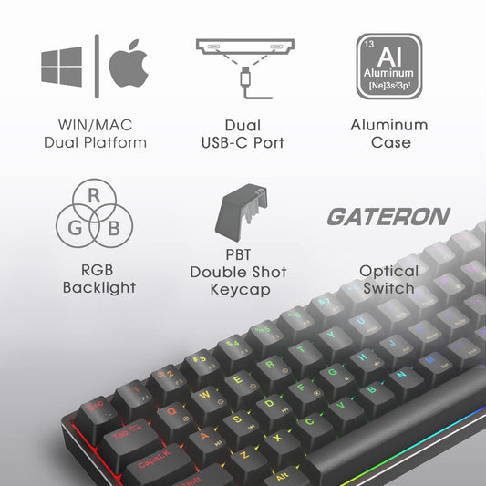 R3N AG AC61M RGB Gaming Keyboard - 61 Keys, Black, Gateron Optical Brown Switch, Hot Swappable, PBT Keycap, Dual USB-C Ports