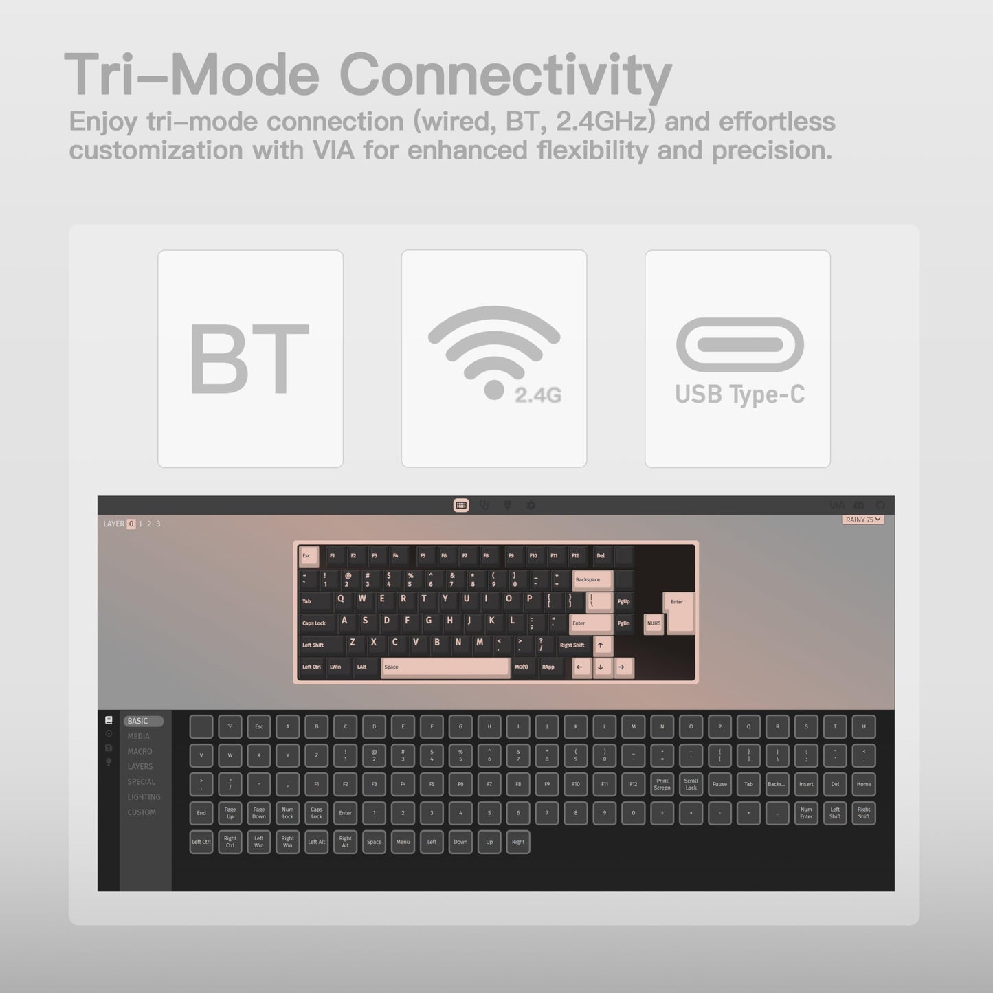 KEEBMONKEY Mechanical Keyboard - Rainy 75, Triple-Mode Connectivity, Violet Switch, Lite - Silver
