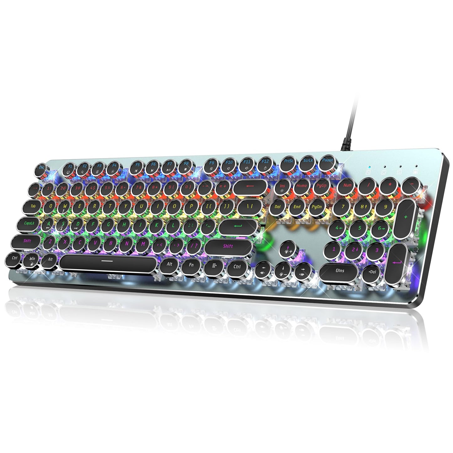 RisoPhy Typewriter Style Mechanical Gaming Keyboard Metal Panel Retro Punk Round Keycaps Clicky Blue Switch Rainbow LED Backlit 104 Keys Wired Keyboard Round Keycaps for PC Laptop Mac Gamer