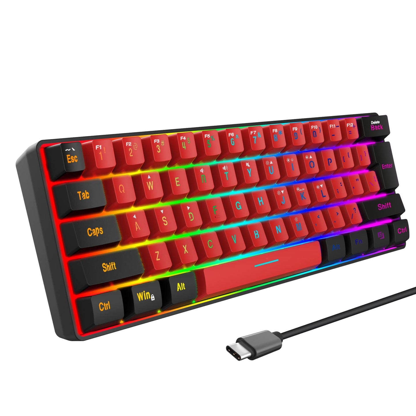 Snpurdiri 60% Wired Gaming Keyboard True RGB Mini Keyboard Waterproof Small Compact 61 Keys Keyboard for PC/Mac Gamer Typist Tpartyl Easy to Carry on Business Trip(Black-Red)