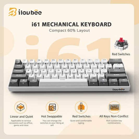 iLovBee i61 Mechanical Keyboard - 60% Wired Hot Swappable RGB, 61 Keys, Red Switch, Compact Design, Grey-White