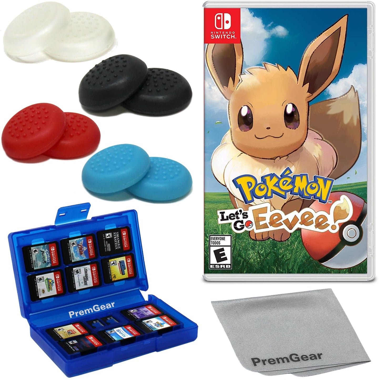 Pok?mon: Lets Go Eevee! for Nintendo Switch (US Version) with PremGear Thumb Grips (8 pack - Black Blue Red & Clear) 24 Slot Game Card Holder & Cleaning Cloth