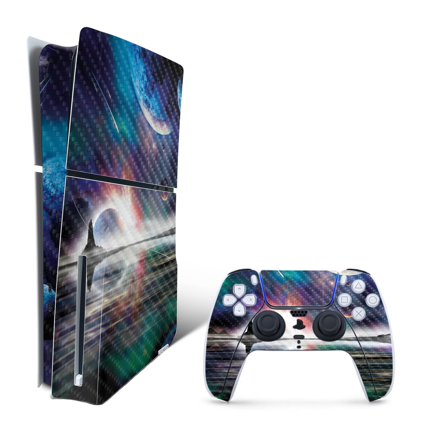 MightySkins Carbon Fiber Skin for PS5 PlayStation 5 Slim Disc Edition Bundle - Space Horizon Protective Durable Textured Carbon Fiber Finish Easy to Apply Made in The USA