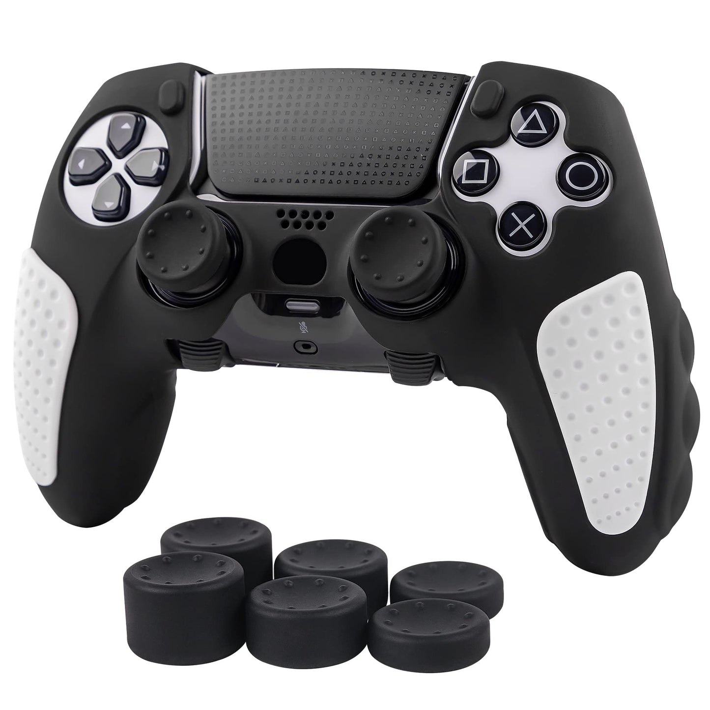 Skin for DualSense Edge Ergonomic Soft Anti-Slip Silicone Controller Grip Cover Case Accessories Set for PlayStation 5 DualSense Edge Controller with Thumb Grip Caps (Black White)