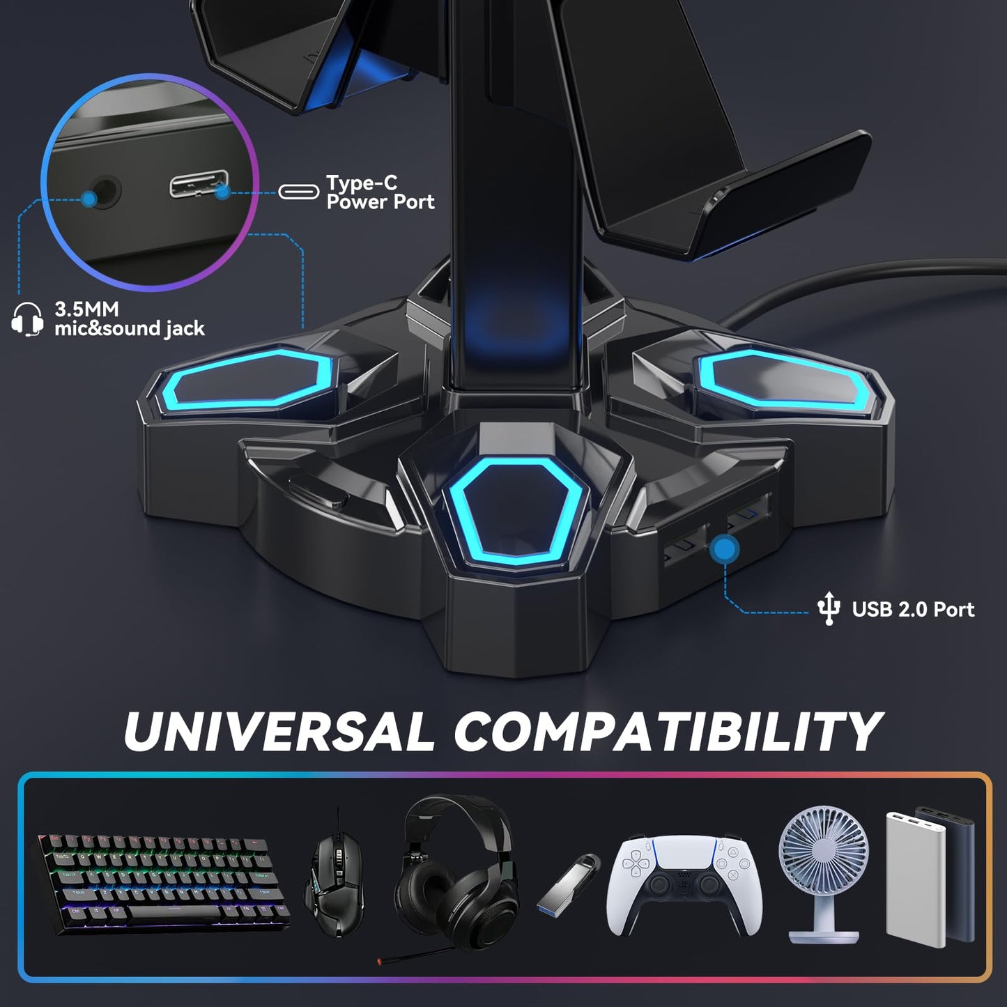 KDD RGB Gaming Headphones Stand - Rotatable, 9 Light Modes, 2 USB Ports, 3.5mm Jack, Black, Model KDD-019B