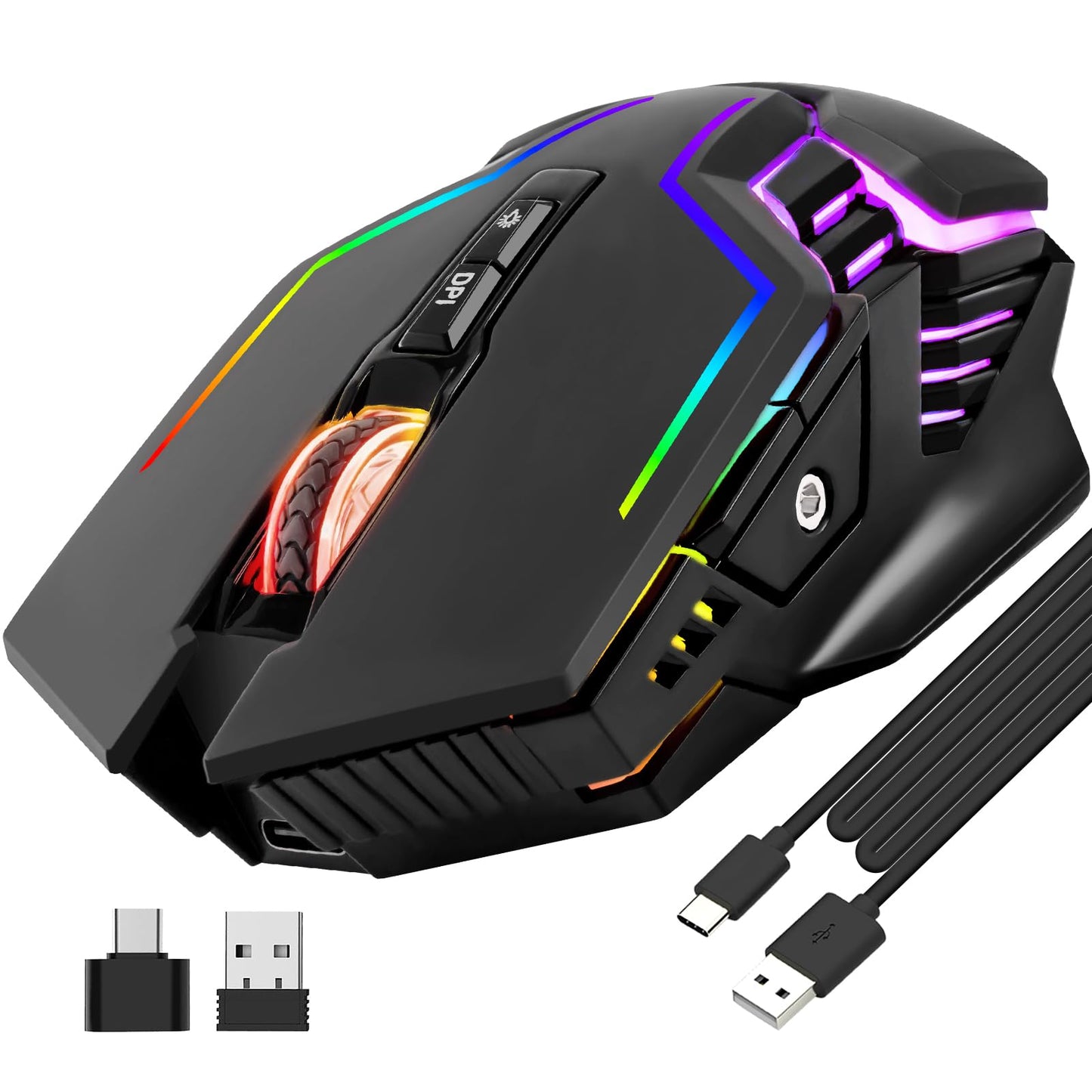 CHONCHOW Wireless Gaming Mouse for PC RGB Backlit 12 Light Modes 2.4G Receiver/USB-C Up to 3200 DPI Rechargeable Wireless Computer Mice with 58inch Charge Cable for Laptop/Windows/PS4 Gamer-Black