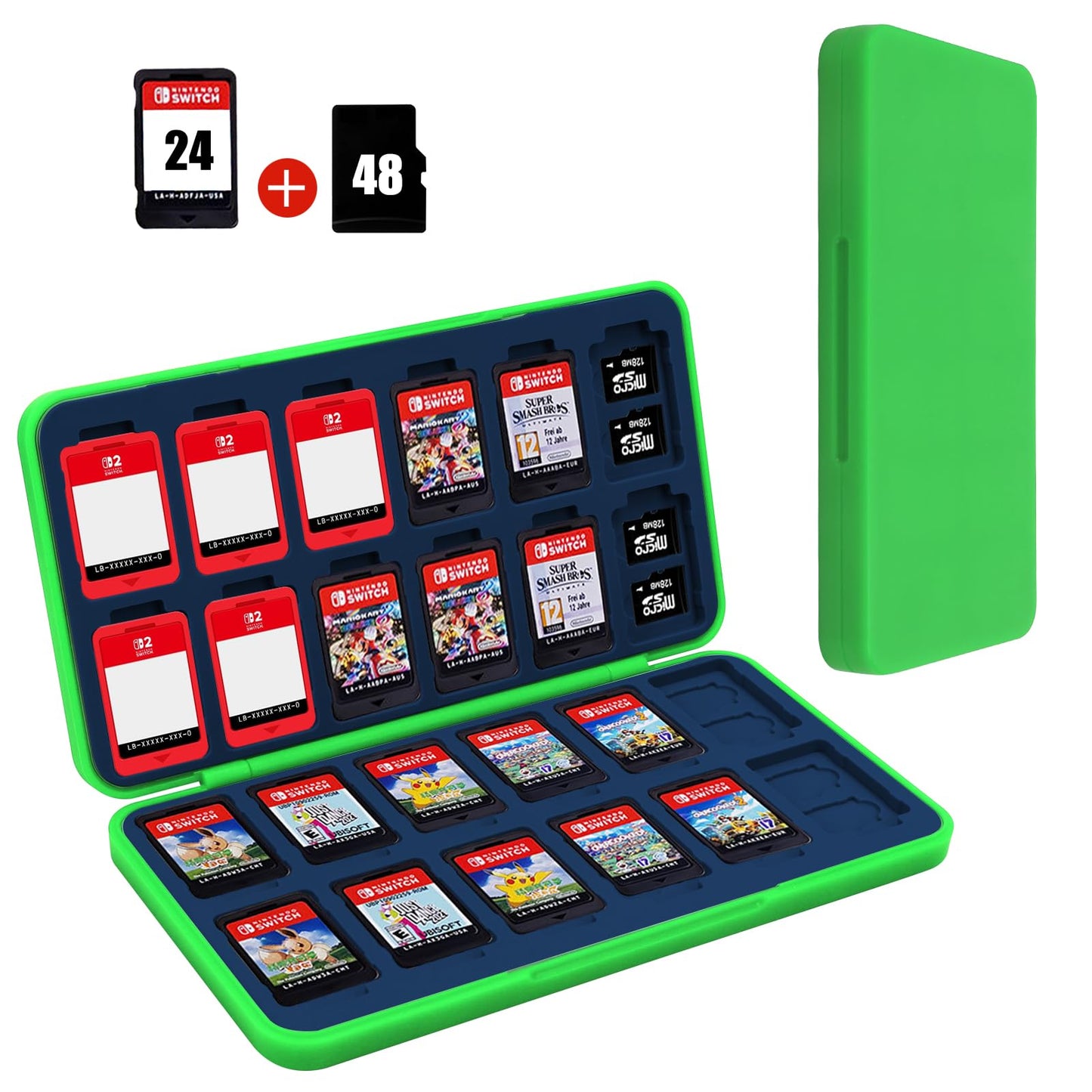 FYY Nintendo Switch Game Case Holder for Switch 2 refill unit Case with 24 Game Card sections & 48 Micro SD Card sections Hard Shell Silicone Lining Green Navy