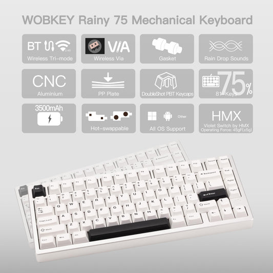 KEEBMONKEY Mechanical Keyboard - Rainy 75, Triple-Mode Connectivity, Violet Switch, Lite - Silver