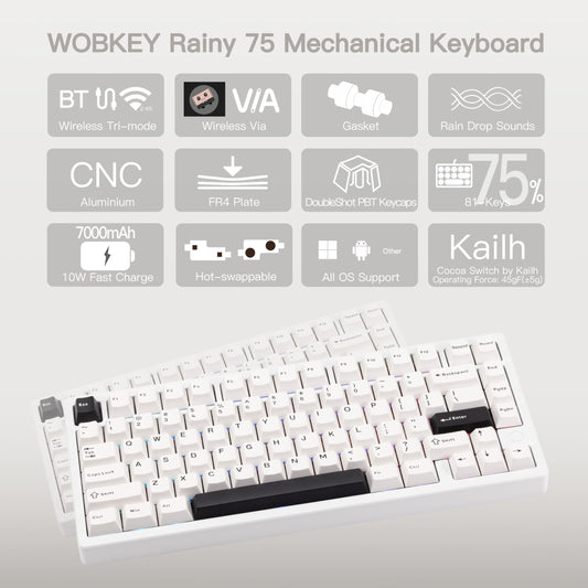 KEEBMONKEY Mechanical Keyboard Pro Luna, Triple-Mode Connectivity, RGB, Silver, Cocoa Switches, Superior Acoustics, 7000mAh