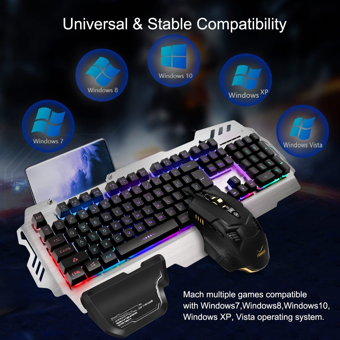 FENIFOX Gaming Keyboard and Mouse Set, Full Size Wired RGB Mechanical, Aluminum Alloy, Rainbow Color, Model GK001FGVJK