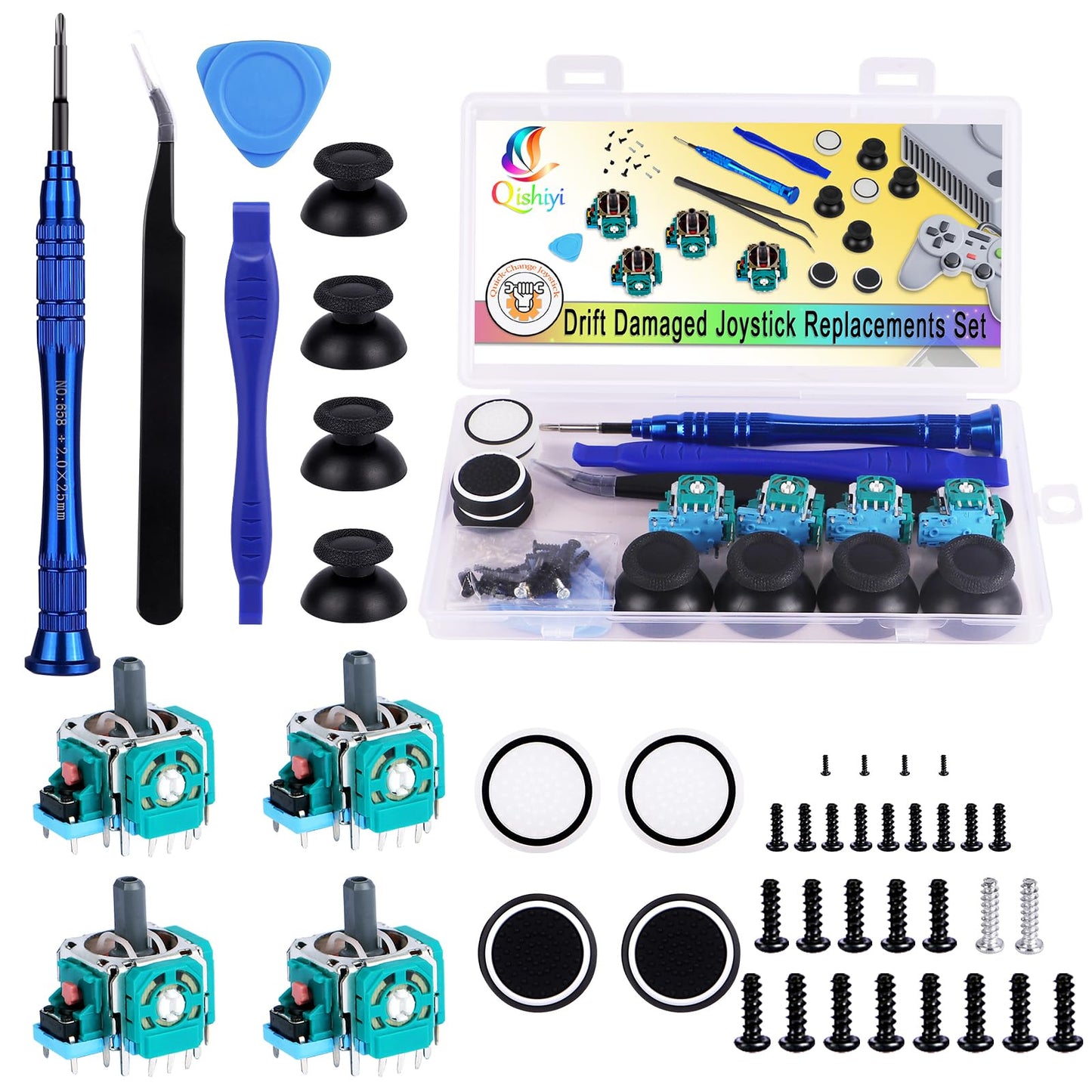Qishiyi 4PCS 3D Analog Joystick Replacement kit for PS5 Controller Thumbsticks Repair Tool Kit with Repair Screwdriver Kit for Playstation 5 DualSense Wireless Controller