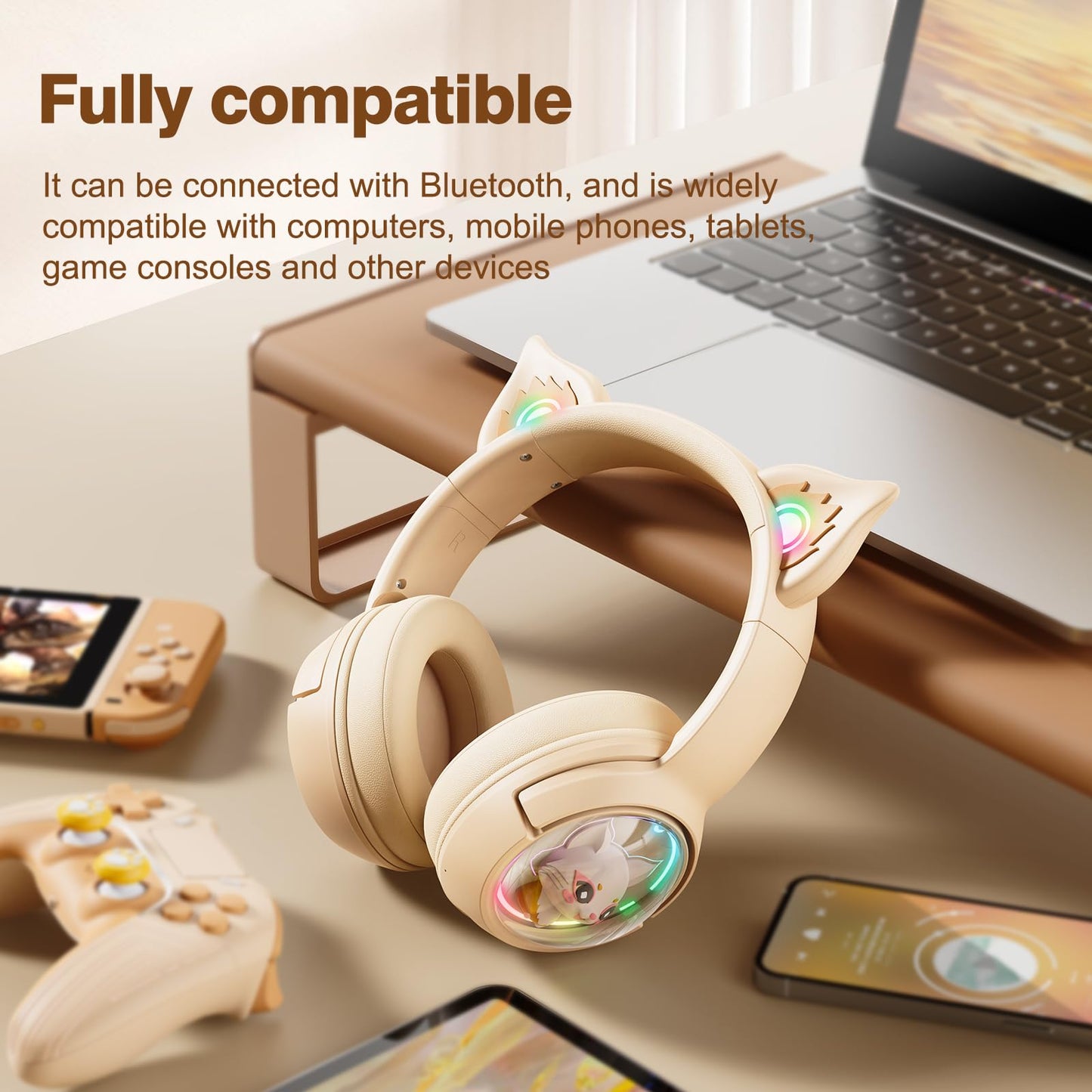 PHNIXGAM Cat Bluetooth Headphones, Wireless Headset with Mic, RGB LED Light, Beige, Model B5, For Kids and Adults