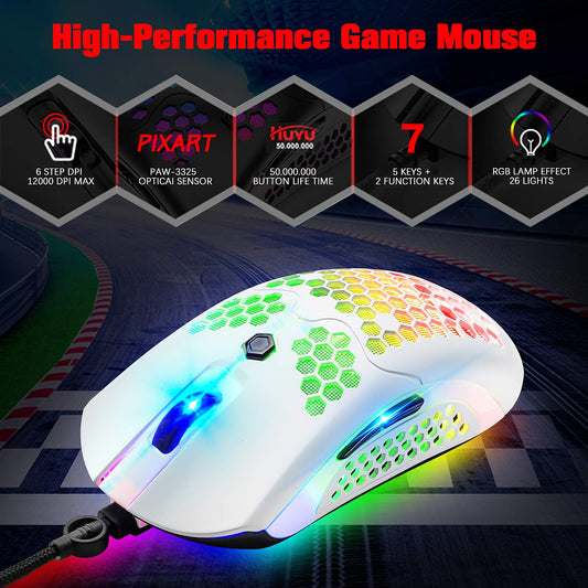 ZIYOU LANG M5 RGB Wired Gaming Mouse, 12000 DPI, 6 Buttons, 65G Honeycomb, Ultralight Cable, White