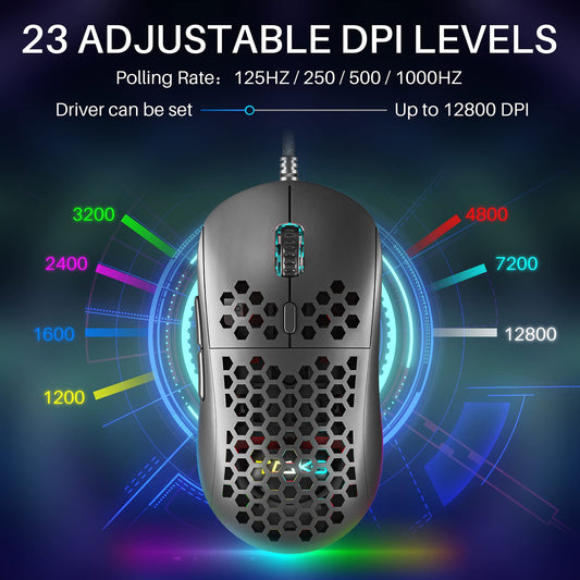 DIERYA Wired Gaming Mouse, 12800 DPI Optical Sensor, 6 Programmable Buttons, RGB, Ergonomic Design, Black
