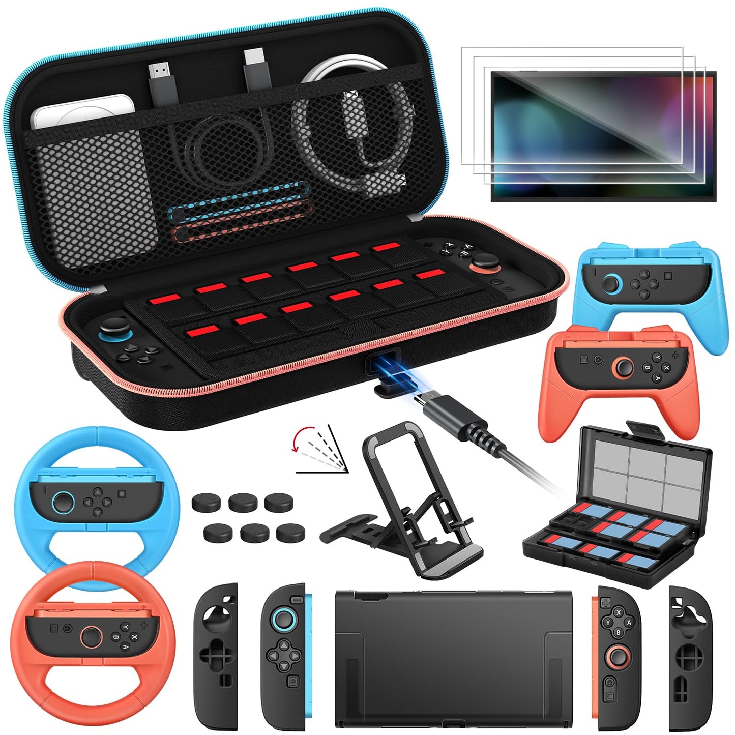 ivoler 21-in-1 Accessories Bundle Kits for Nintendo Switch 2 - Includes Charging Carrying Case Protective Cover Screen Protectors Steering Wheels Game Stand Joycon Controller Grips Game Card Case