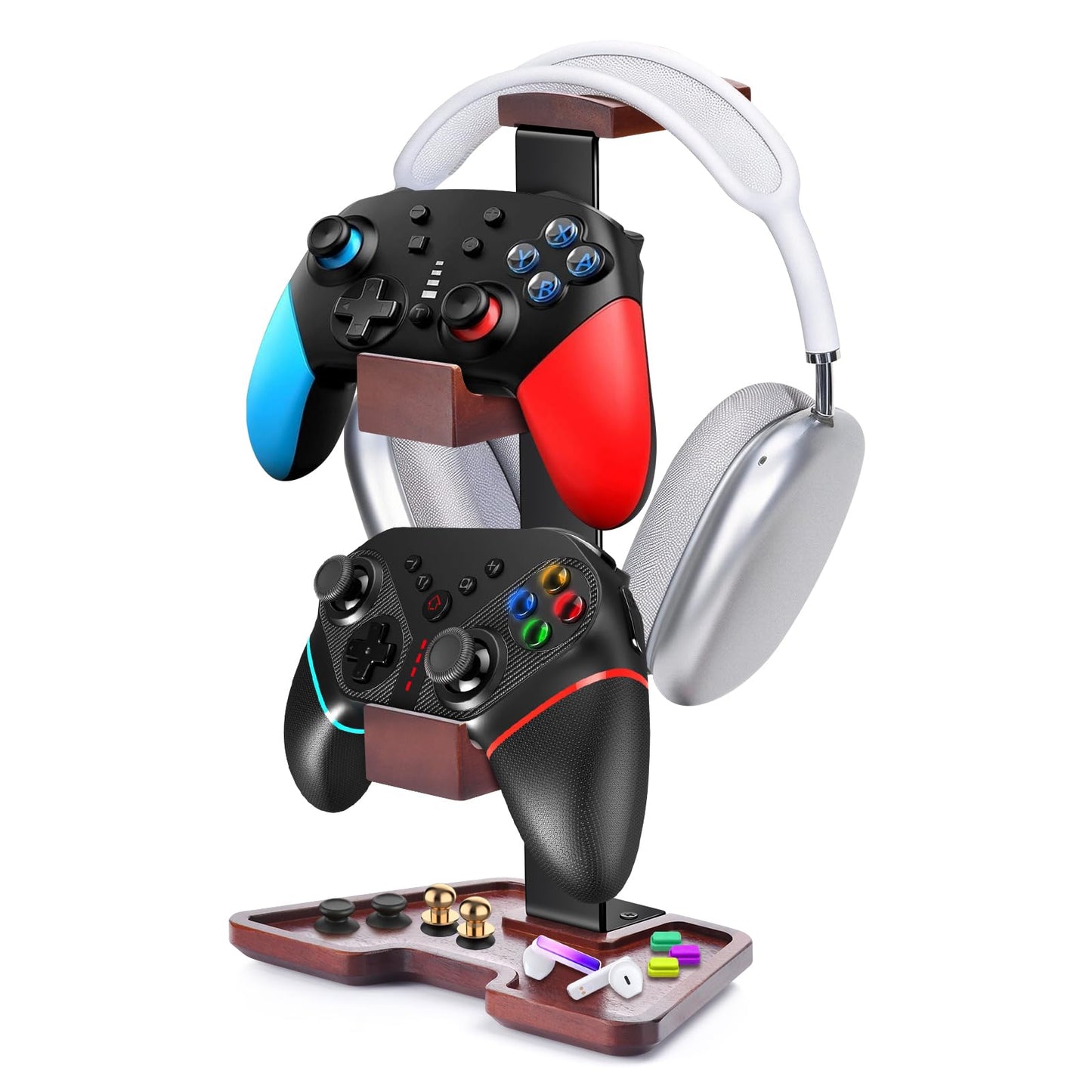 LIVSMON Solid Wood Controller Holder and Headphone Stand Gaming Controller Stand for Desk Dual Controller Organizer Rack Gaming Equipment Accessories for Desk Headset Holder for Son Husband Boyfriend