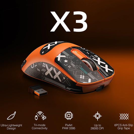 MANBASNAKE Attack Shark X3 Wireless Gaming Mouse - Ergonomic, 49g, 26K DPI, 200h Battery Life, Orange & Griptape