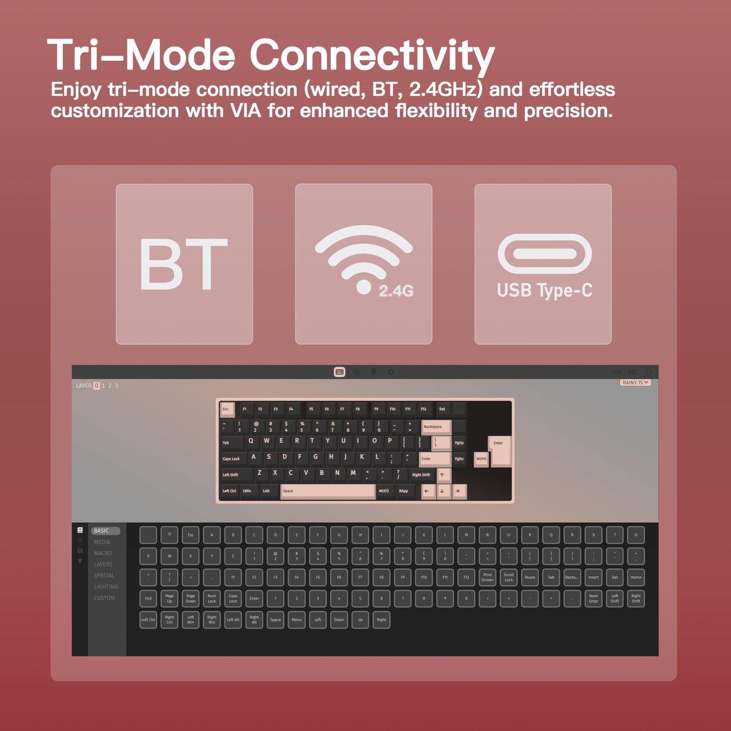 KEEBMONKEY Mechanical Keyboard - Rainy 75, CNC Aluminum, RGB, Triple-Mode, Pro - Red Velvet, Superior Acoustics, Cocoa Switches
