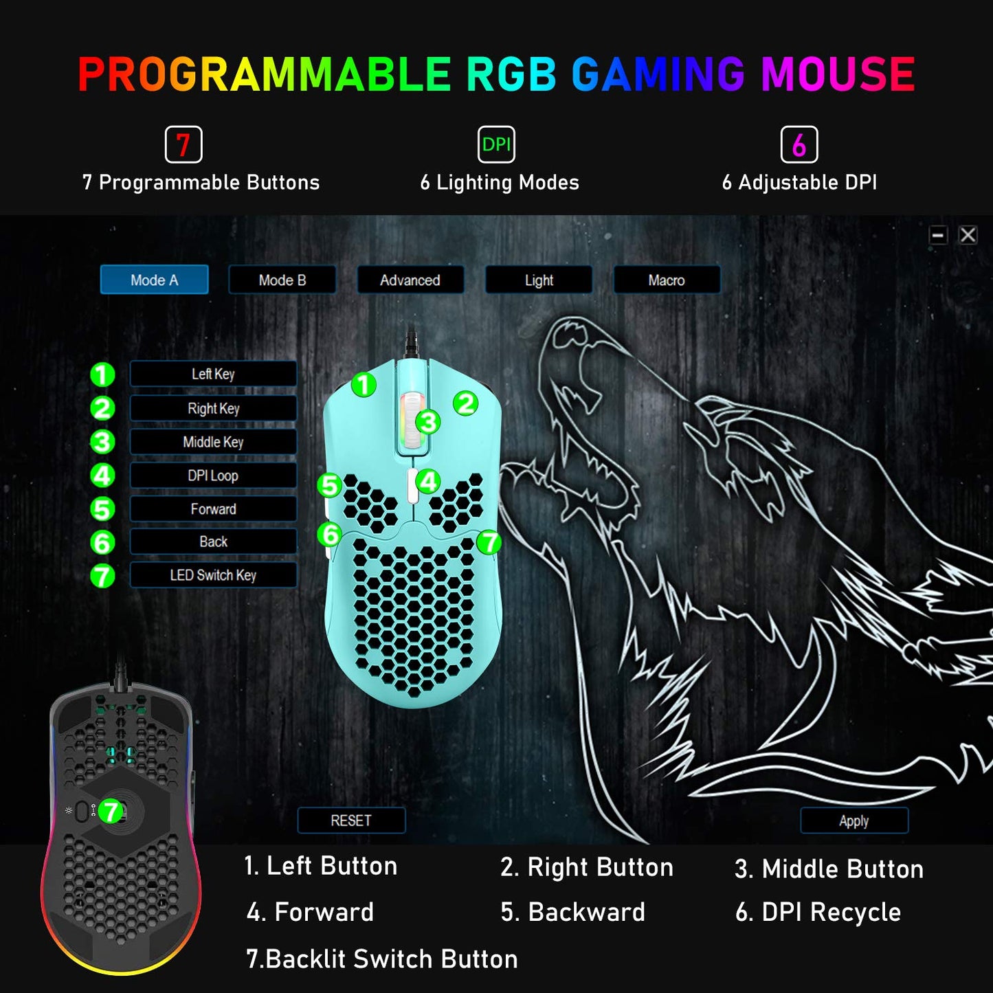 ZIYOU LANG M1 Wired Gaming Mouse - 6400DPI, 6 RGB Backlit, 7 Programmable Buttons, Ultralight Honeycomb Shell, Green