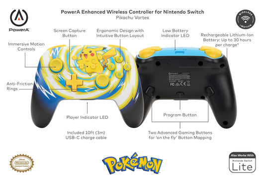 PowerA Enhanced Wireless Controller for Nintendo Switch - Pokémon Pikachu Vortex - Yellow - Model 1523595-01 - Officially Licensed