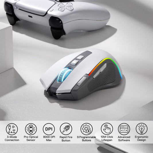 Redragon M612 PRO RGB Gaming Mouse - 8000 DPI, Wired/Wireless, 9 Programmable Buttons, 7 Backlit Modes, Gray