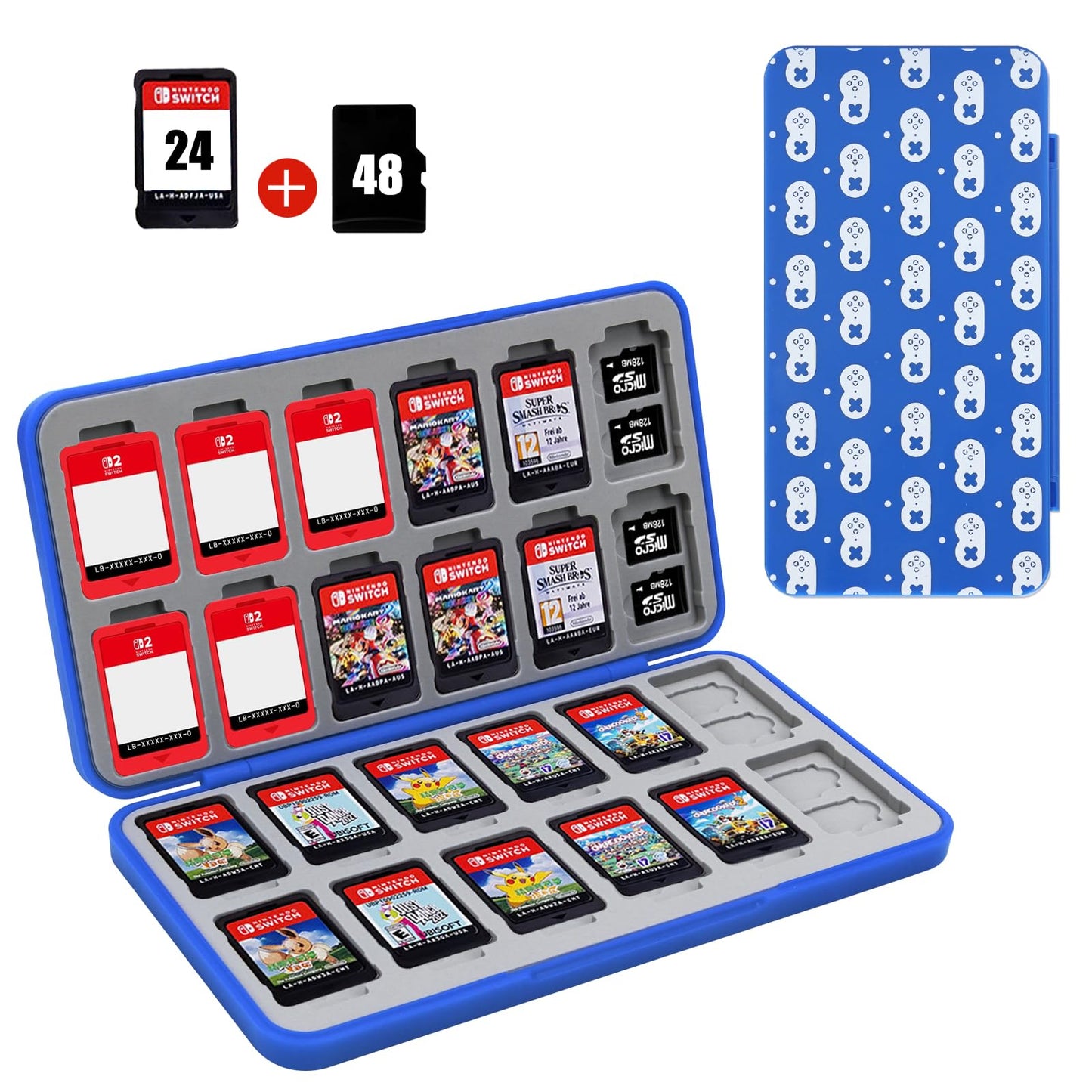 FYY Nintendo Switch Game Case Holder for Switch 2 Cartridge Case with 24 Game Card Slots & 48 Micro SD Card Slots Hard Shell Silicone Lining Navy Gamepad Dot Pattern