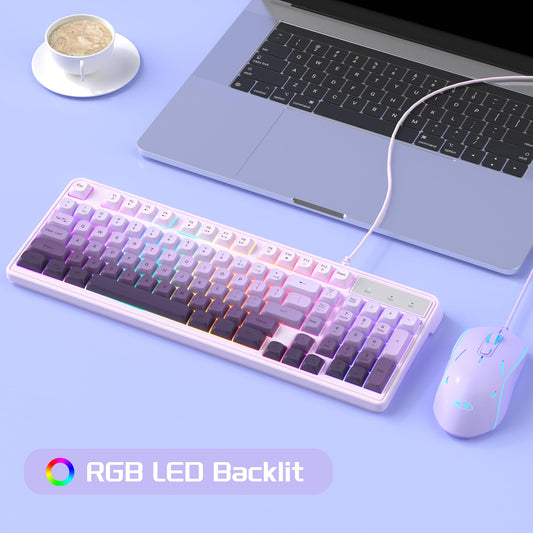 MageGee RGB Backlit Keyboard and Gradient Purple Gaming Mouse Combo, Wired, White Purple