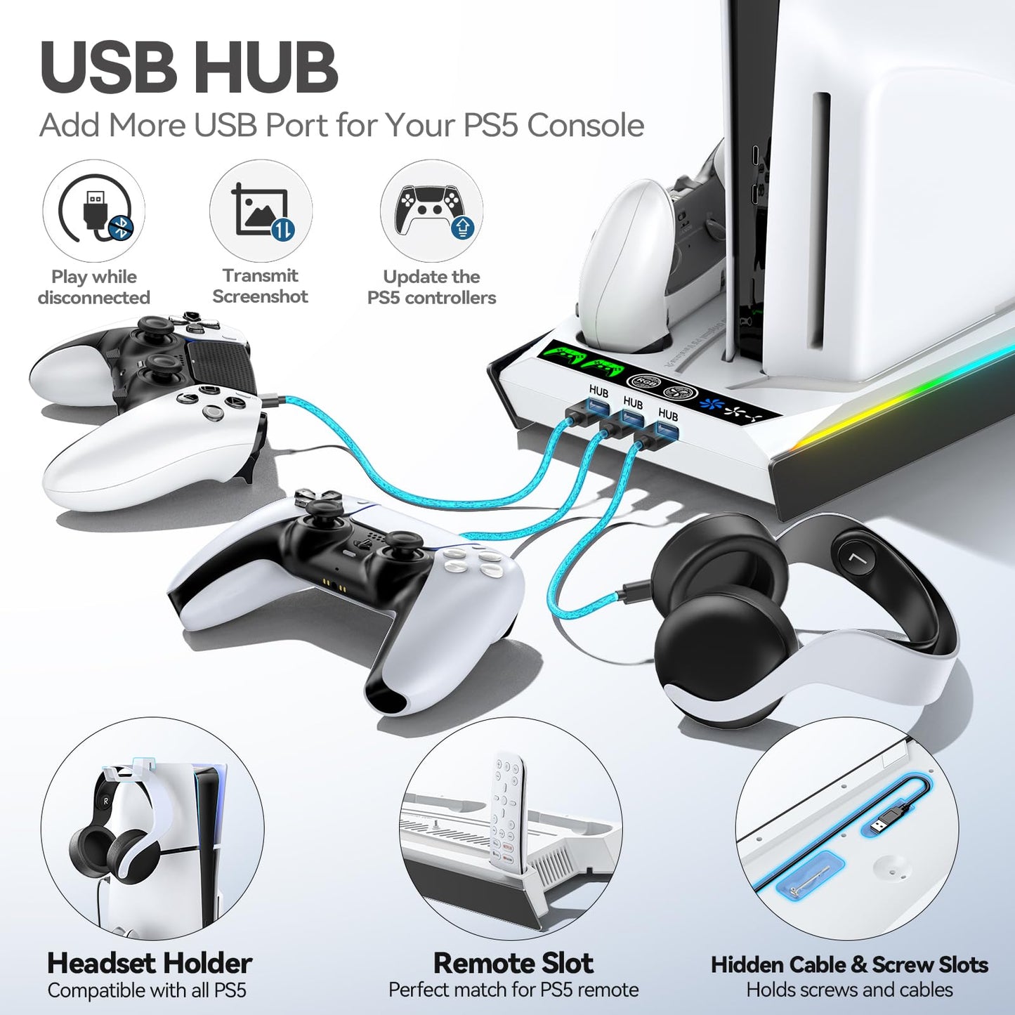 Rysker PS-5 Cooling Stand with RGB Lighting, Controller Charger & 3 USB Ports - Disc & Digital Version - White & Black