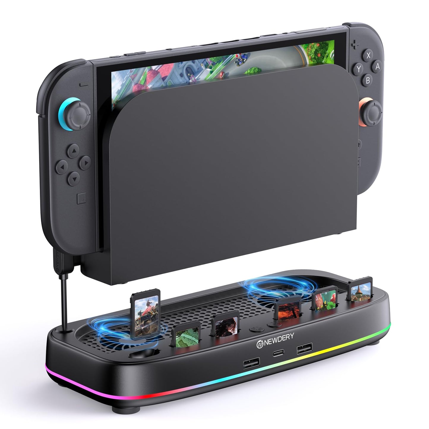 NEWDERY Cooling Fan for Nintendo Switch 2 Dock with Dual Fans 3 Adjustable Speeds RGB Light Modes 6 Game Card Slots & 3 USB Ports Heat Dissipation Base for Switch 2 Console