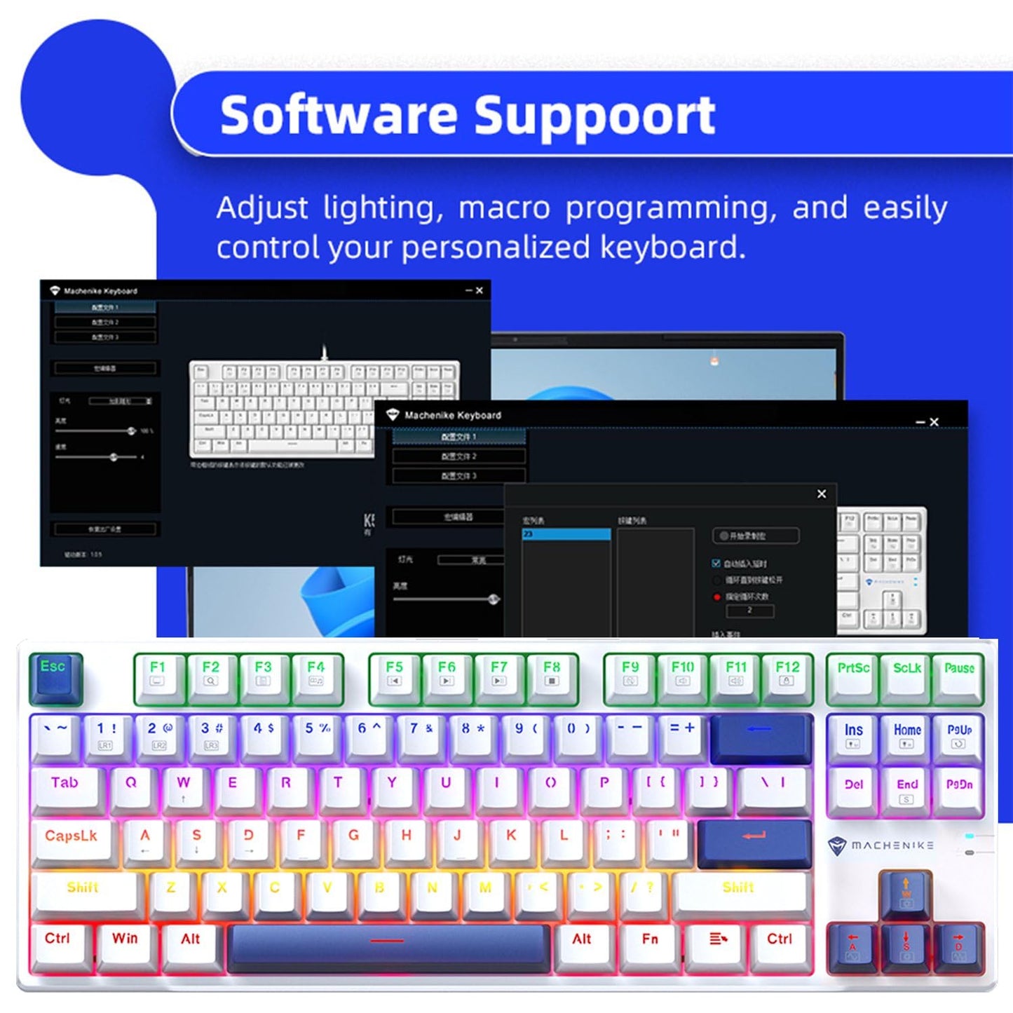 Machenike K500B 75% TKL Mechanical Gaming Keyboard, Hot-Swappable Red Switch, RGB Backlit, Compact Design, White/Blue