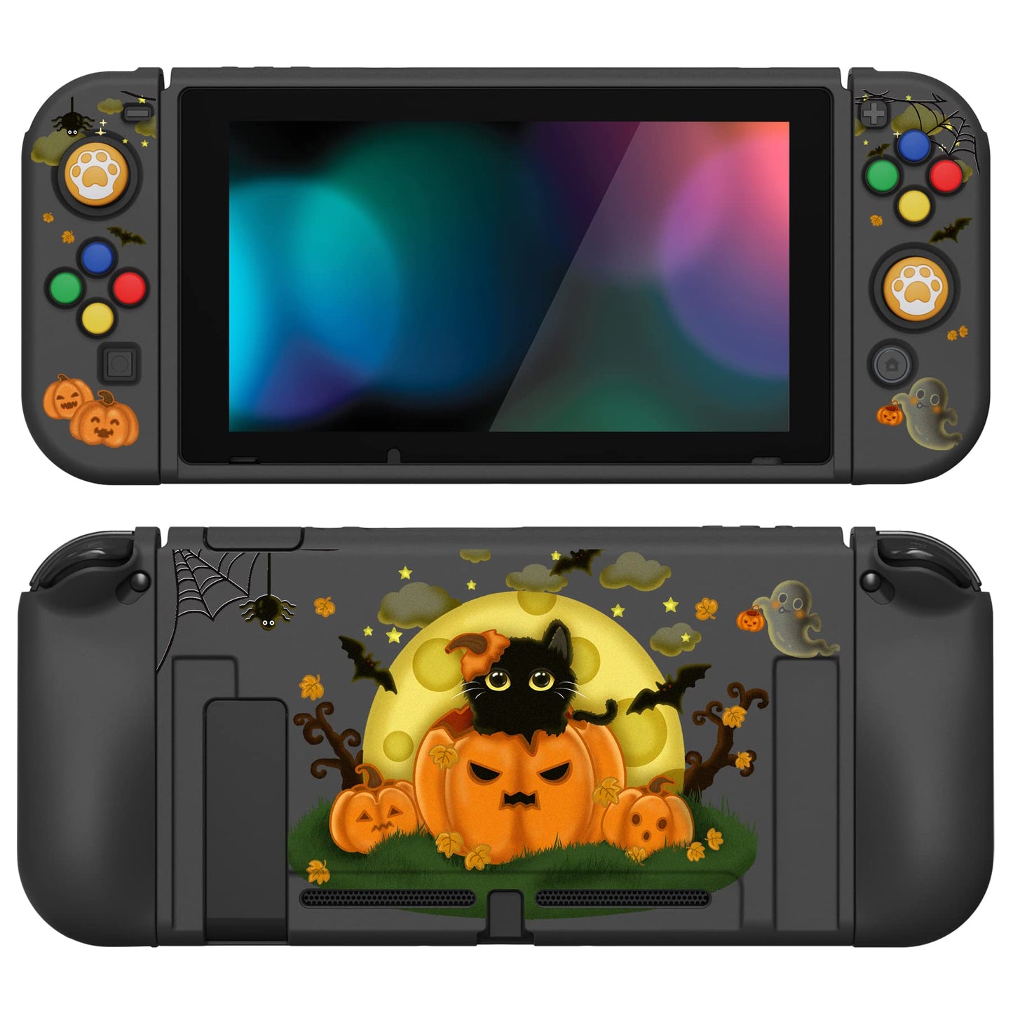 PlayVital ZealProtect Soft Protective Case for Nintendo Switch Flexible Cover Protector for Switch with Screen Protector & Thumb Grip Caps & ABXY Direction Button Caps - Moon Night Halloween