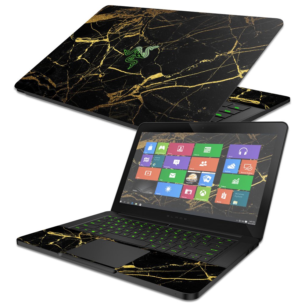 MightySkins Skin Compatible with Razer Blade 14 (2014-2017) - Black Gold Marble | Protective, Durable, and Unique Vinyl Decal wr