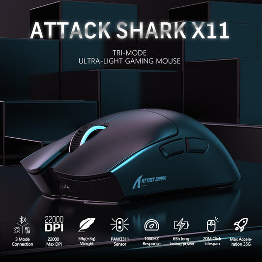 MAGIC-REFINER Attack Shark X11 59g Superlight Wireless Gaming Mouse with Magnetic RGB Charging Dock,BT/2.4G Wireless/Wired Mouse