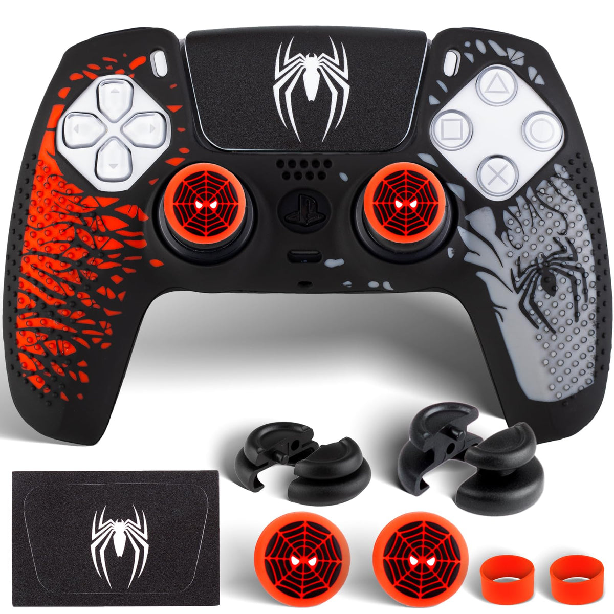 PlayRealm Silicone Skin Cover & Sticker x 1 & No Falling Off Thumbstick x 2 for PS5 Controller Spider Edtion