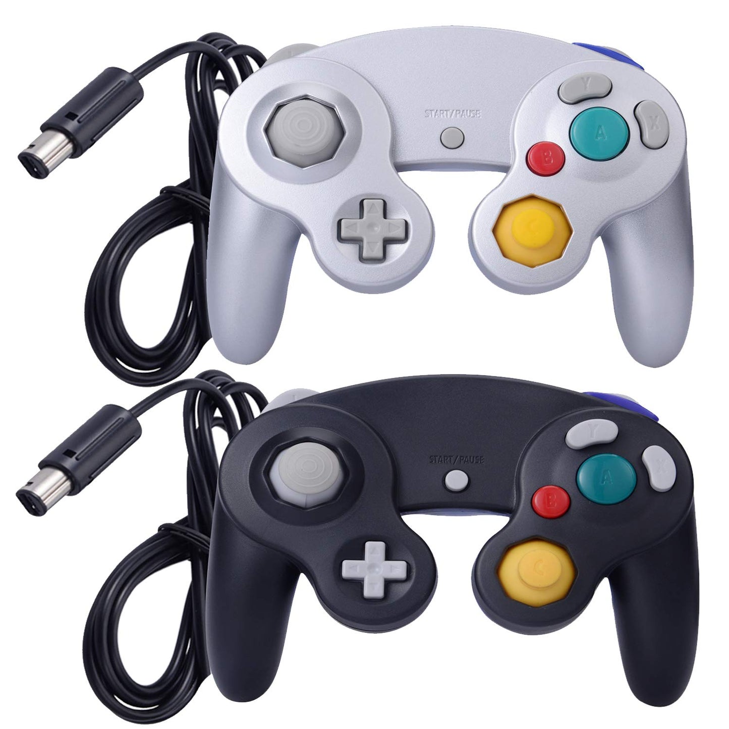 ONE250 2 Pack Classic Shock Joypad Wired Controller Compatible with Wii NGC Gamecube Game Cube (Black & Silver)