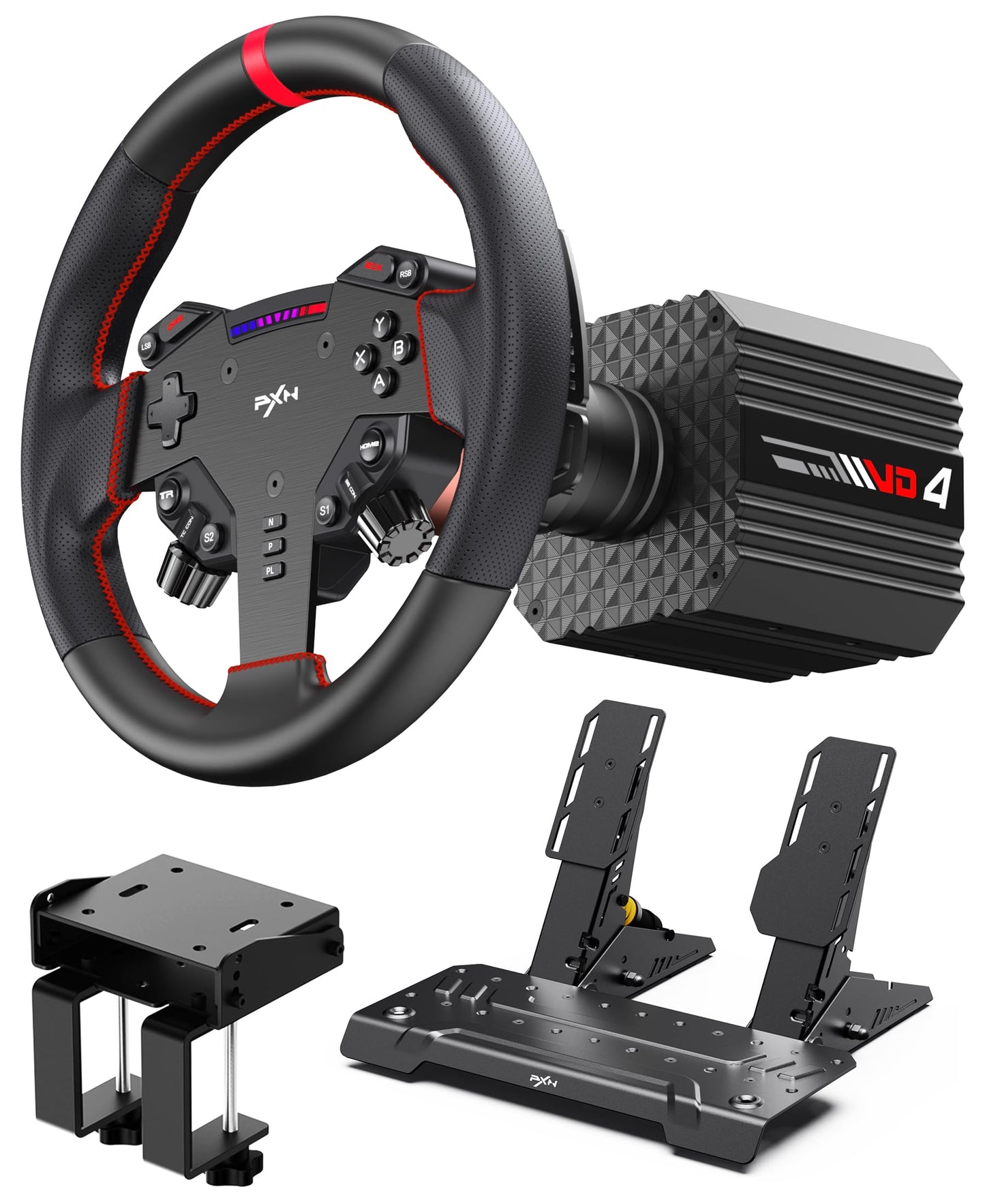 PXN VD4 Direct Drive Racing Wheel Bundle - 4Nm Servo Motor Base, 11 in Steering Wheel with Quick Release, Hall Effect Pedals, T