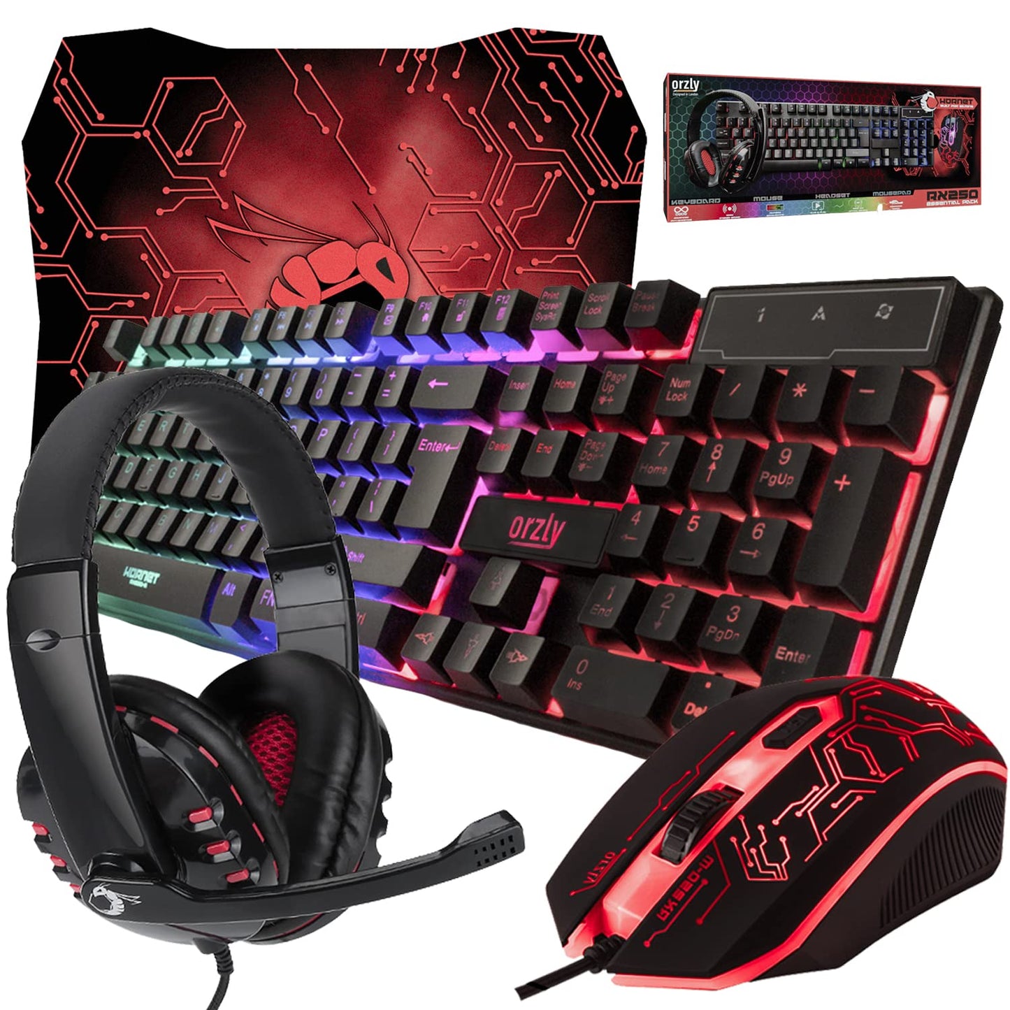 Pink Gaming Keyboard and Mouse Headset Headphones and Mouse pad Wired LED RGB Backlight Bundle Pink PC Accessories for Gamers and Xbox and PS4 PS5 Nintendo Switch Users - 4in1 Edition Hornet RX-250