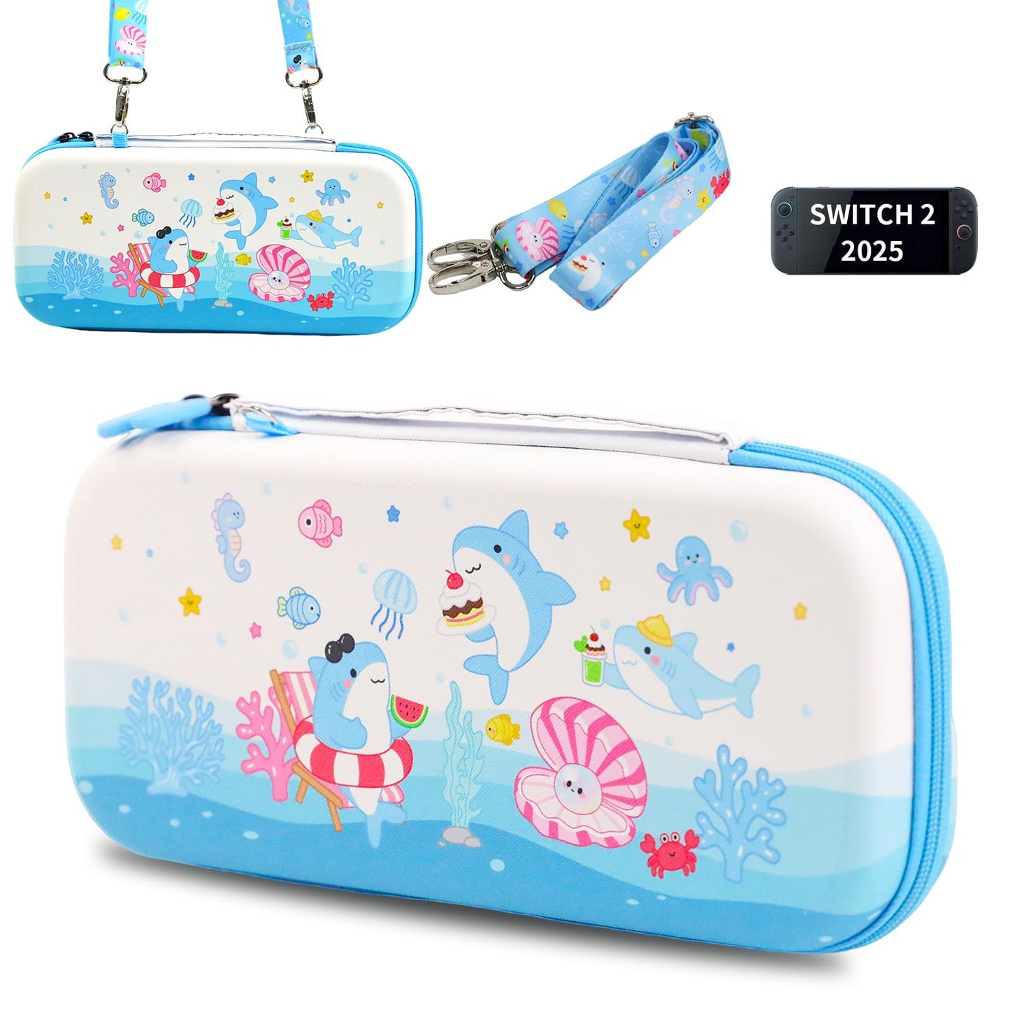 FlyingMage Shark Switch 2 Carrying Case Switch2 Hard Shell Storage Bag with Game Card Slots & Strap Cute Ocean Travel Carry Case Compatible with Nintendo Switch 2 2025 Console and Accessories