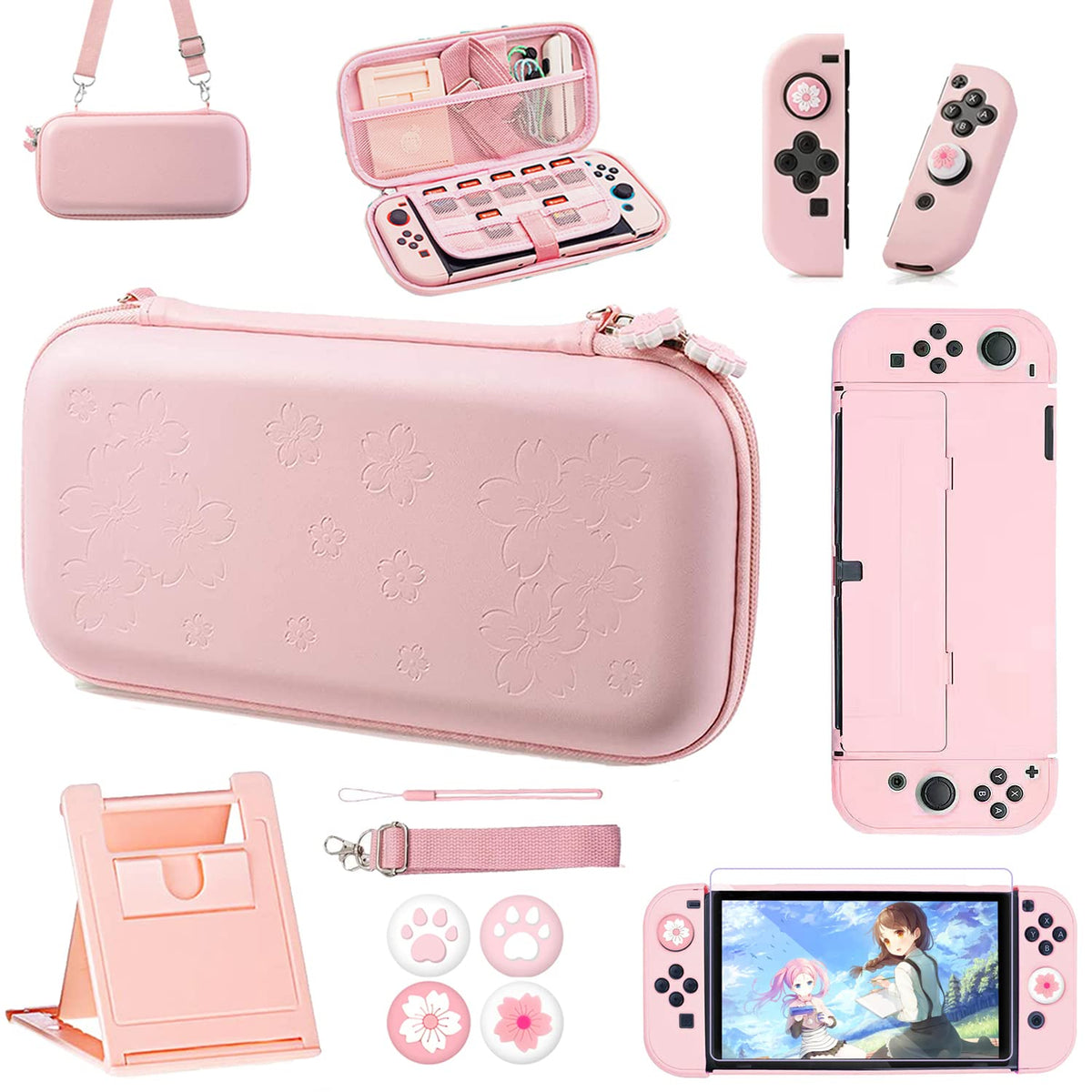 OLDZHU Pink Tpartyl Carrying Case Accessories Kit Compatible with Nintendo Switch OLED 2021 10 in 1 Protection Kits with Hard Protective Cover Glass Screen Protector Adjustable Stand Thumb Grip Caps
