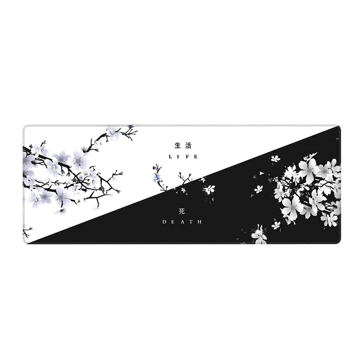 Black White cherry Blossom Mouse Pad Japanese Sakura Death Life Flower Extended Desk Mat 80X30 cm Non-Slip Rubber Base Stitched Edge Large XL Playmat for Keyboard gaming Laptop Desktop 315A118 Inch