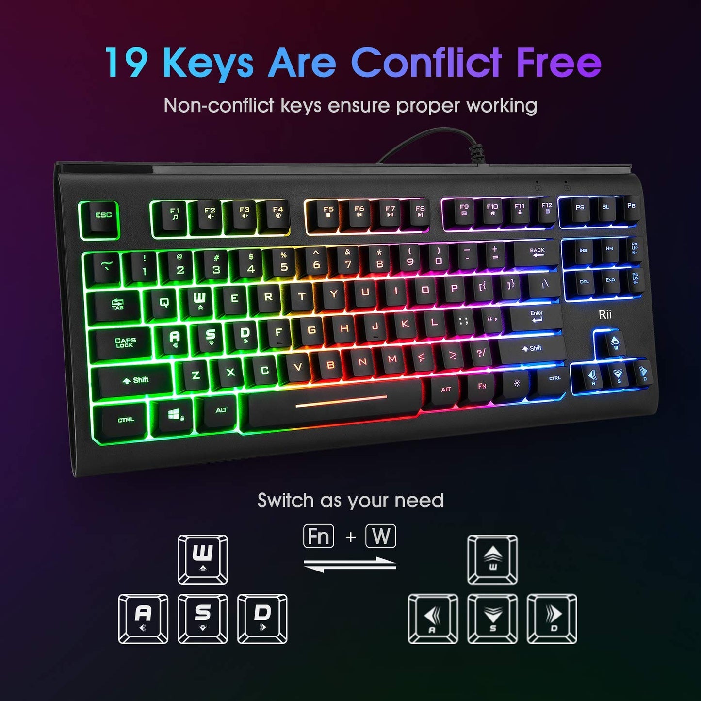 Rii Wired USB RGB Backlit Keyboard - Compact, Silent Keystroke, Black, Model RK104 for Home Office & Gaming