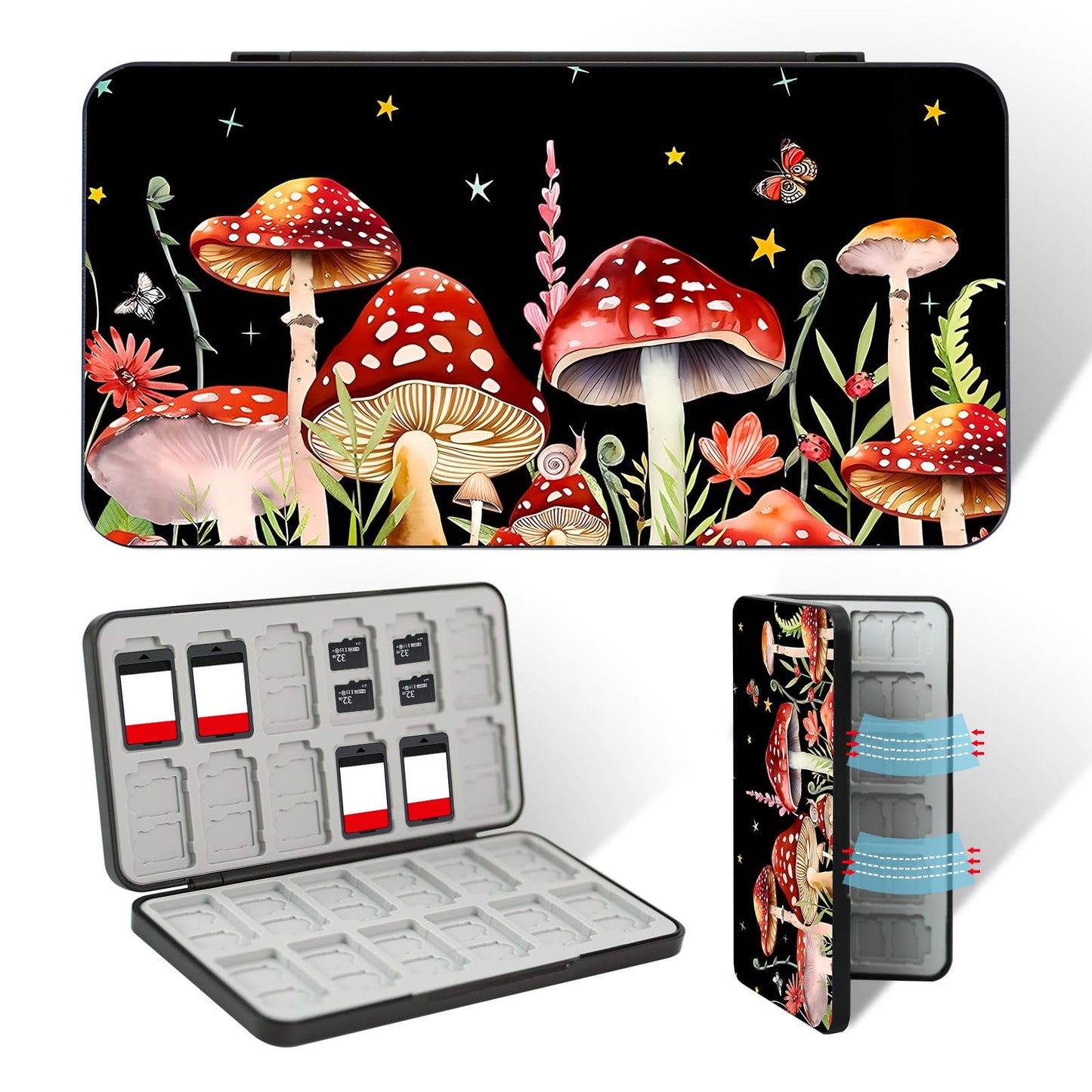 FlyingMage 24 Switch Game Card Case for Nintendo Switch 2/OLED/Lite Cute Switch Game Holder Cartridge Case for 24 Slots Game Card and 48 SD Card Storage Switch 2 Compact Card Holder Black Mushroom