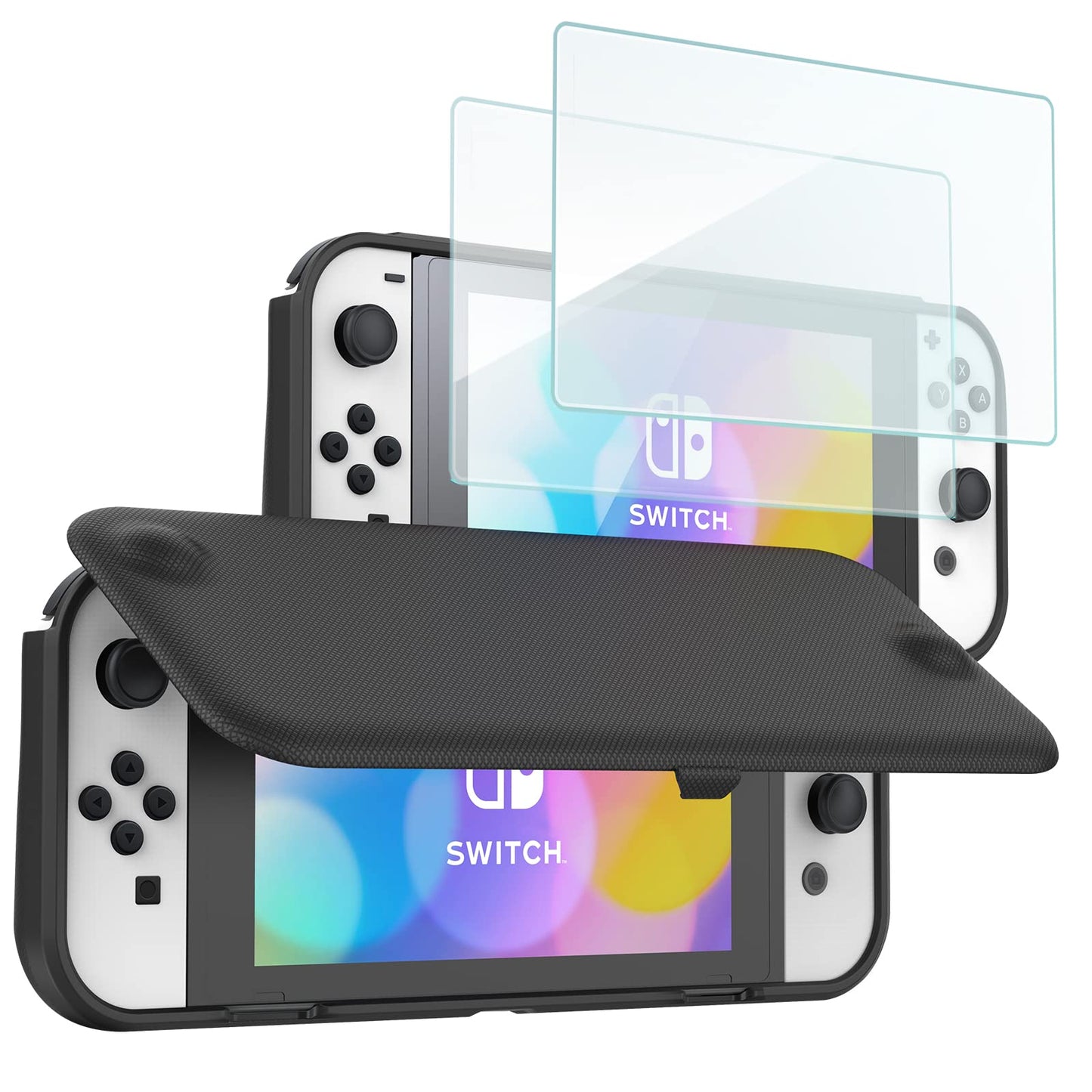 ProCase Flip Cover for Nintendo Switch OLED with 2 Pack Tempered Glass Screen Protectors Slim Protective Case with Magnetically Detachable Front Cover for Nintendo Switch OLED 2021 -Black